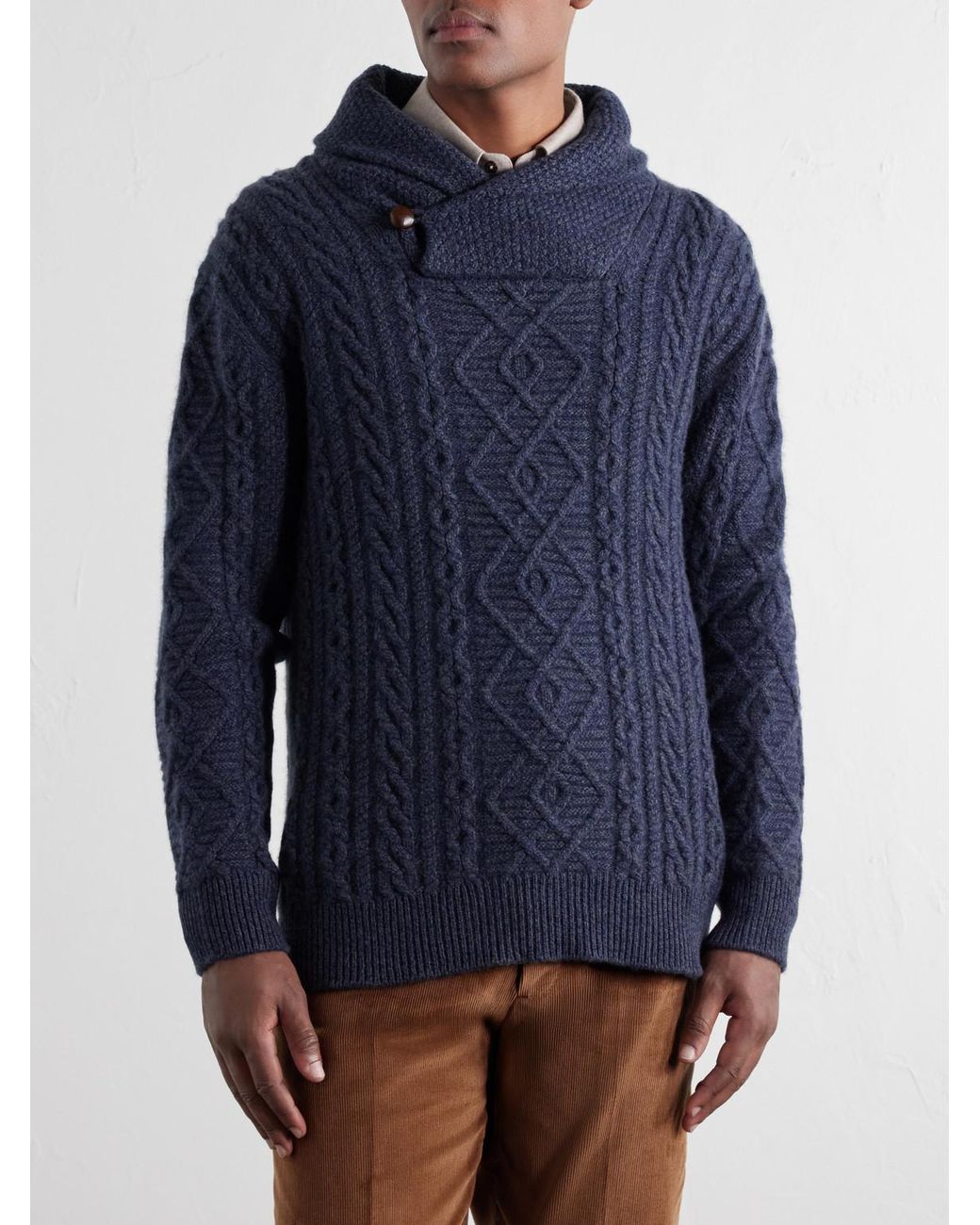 James Purdey & Sons Blue Shawl-Collar Aran Cable-Knit Wool Sweater for men
