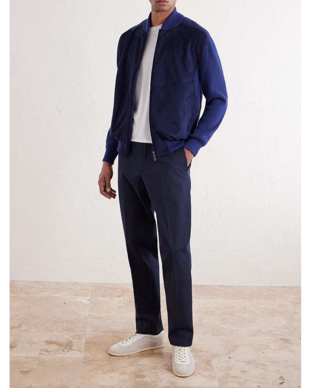 Sease Blue Suede And Ribbed Cotton And Cashmere-blend Bomber Jacket for men