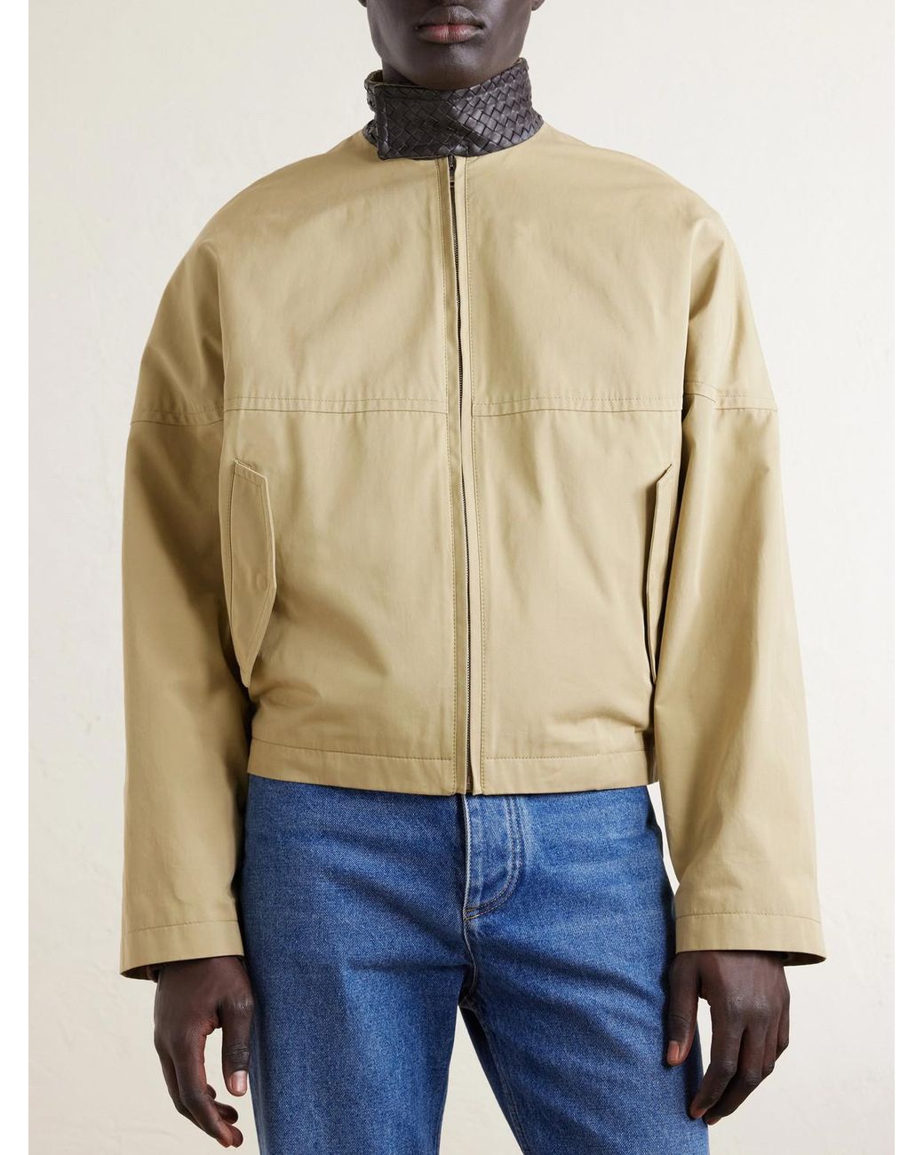 Bottega Veneta Natural Intrecciato Leather-trimmed Cotton-gabardine Jacket for men