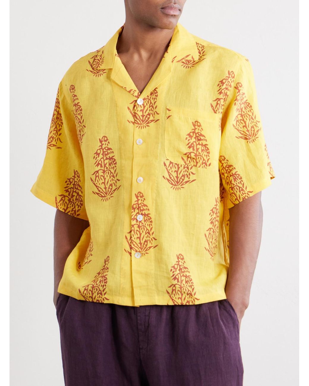 Kartik Research Yellow Camp-Collar Printed Linen Shirt for men