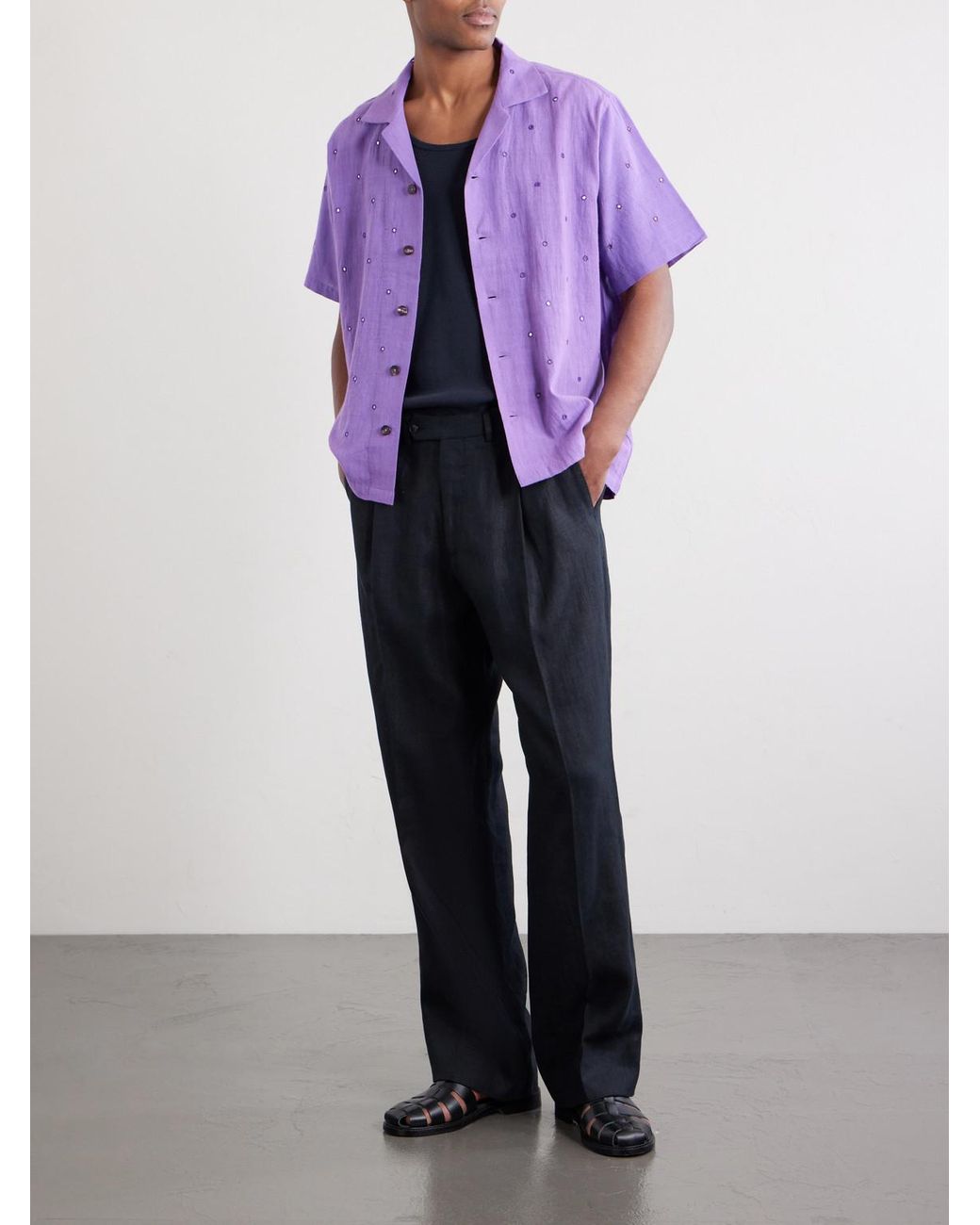Kartik Research Purple Camp-collar Embellished Cotton Shirt for men