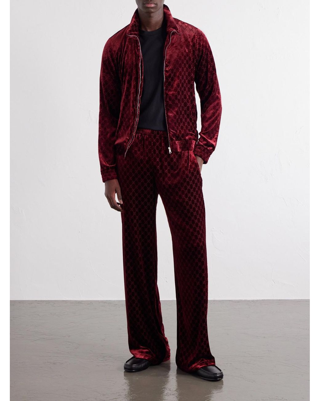 Gucci Red Straight-Leg Gg Supreme Velvet Trousers for men