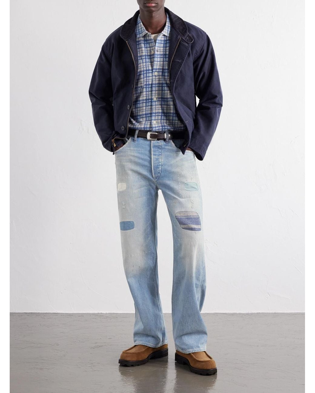 RRL Blue Straight-Leg Distressed Jeans for men