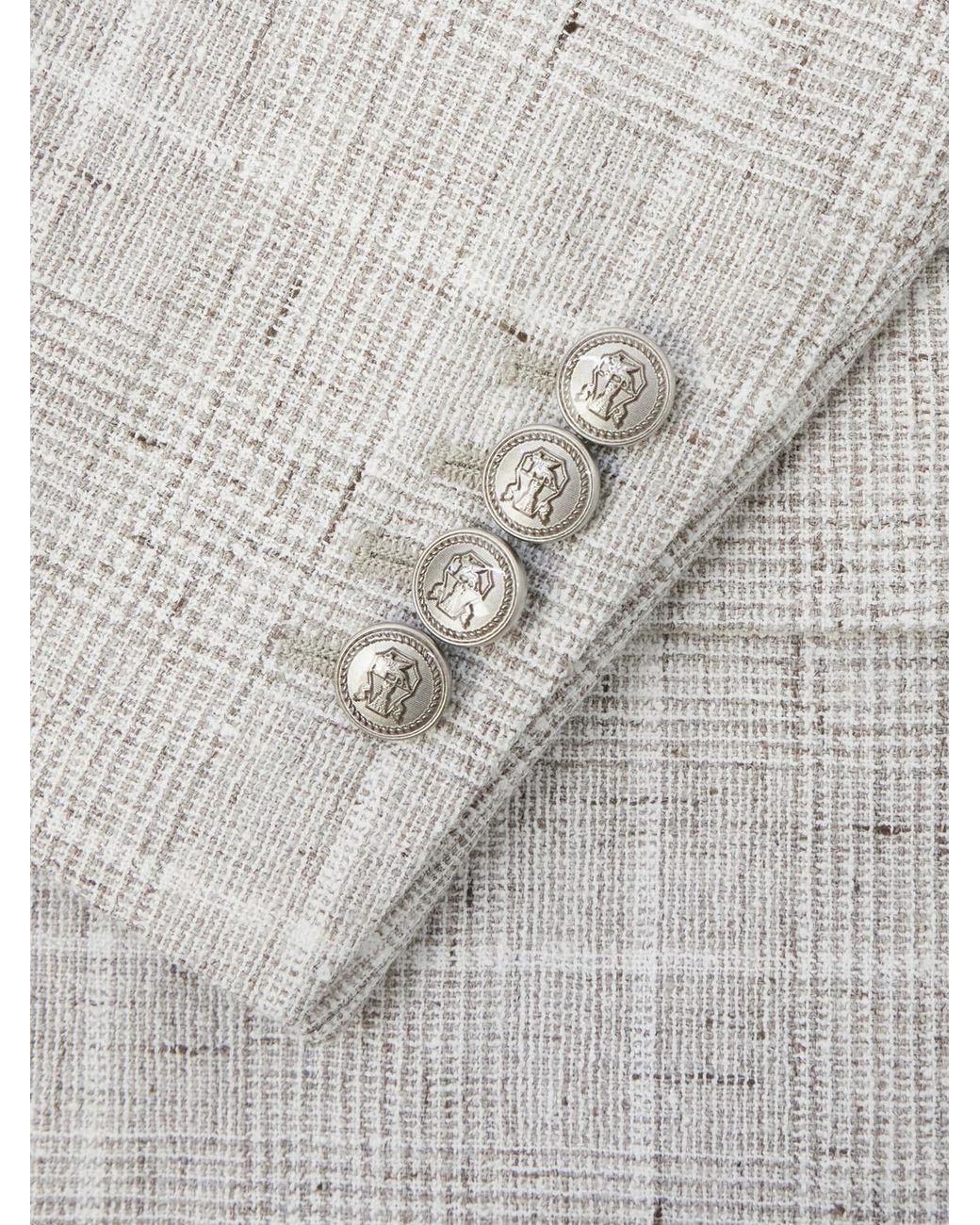 Brunello Cucinelli Gray Double-Breasted Checked Linen-Blend Suit Jacket for men