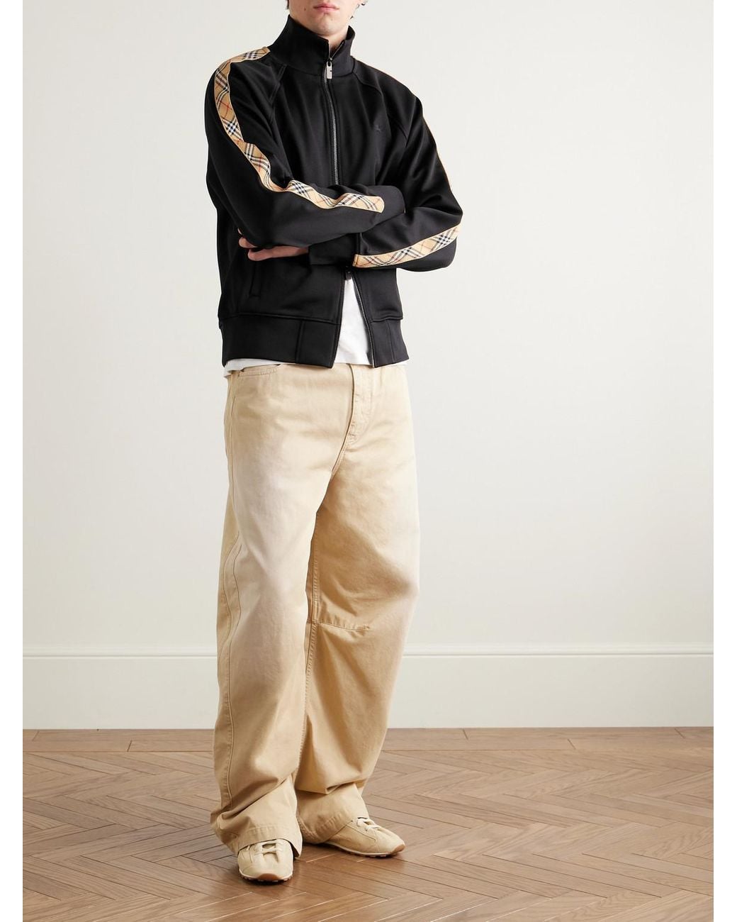 Burberry Black Checked Jacquard-Trimmed Logo-Embroidered Tech-Jersey Track Jacket for men