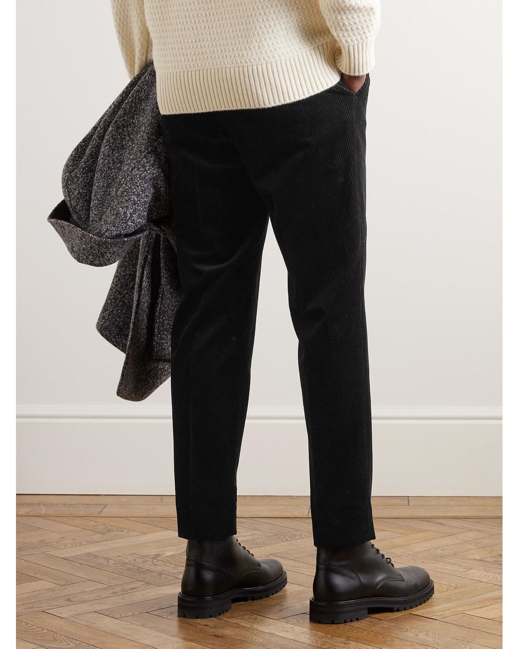Mr P. Black Tapered Pleated Cotton And Cashmere-Blend Corduroy Trousers for men