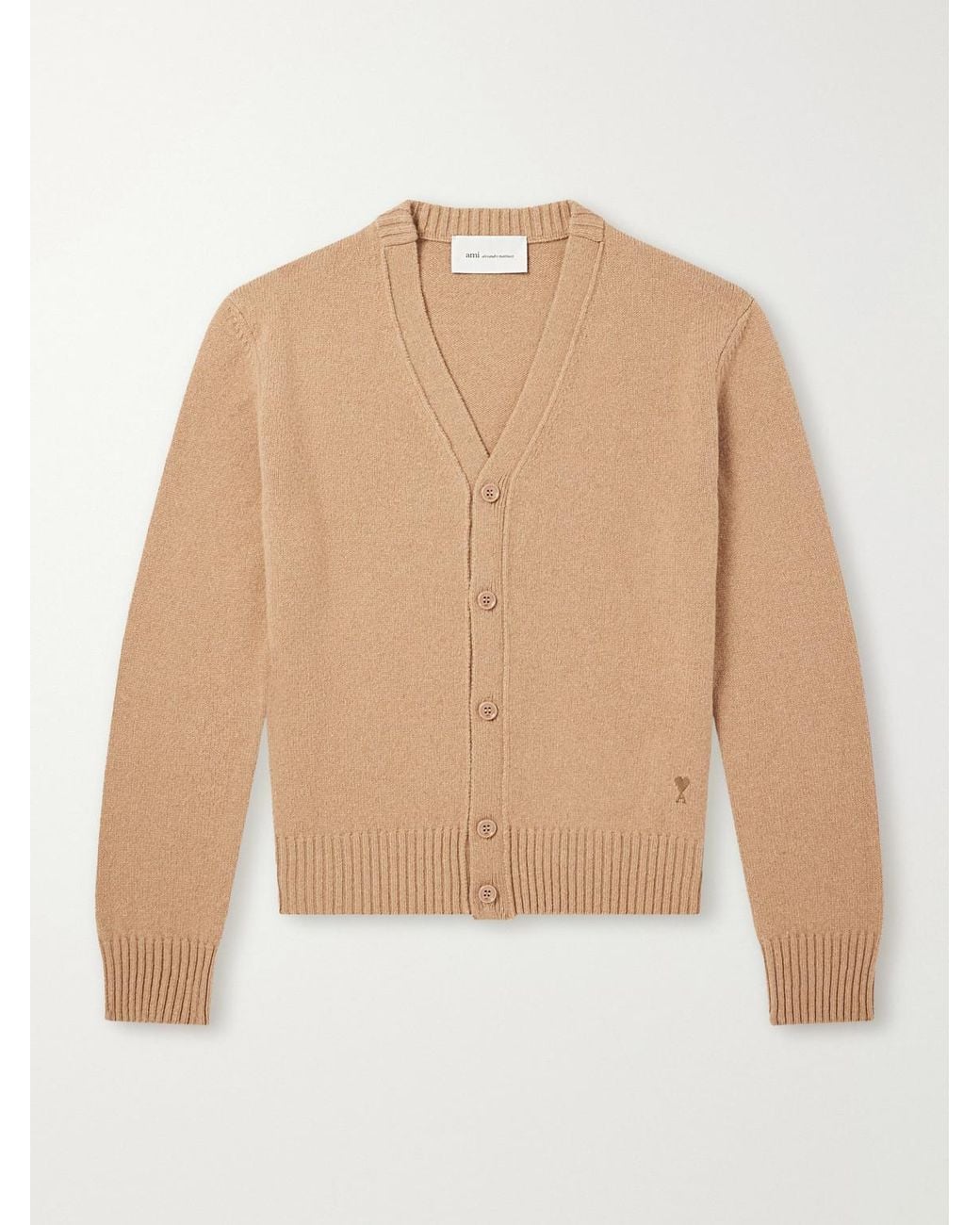 AMI Natural Logo-Embroidered Cashmere And Wool-Blend Cardigan for men