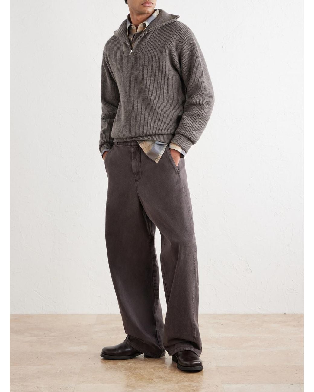 Officine Generale Gray Tarek Ribbed Merino Wool Half-Zip Sweater for men