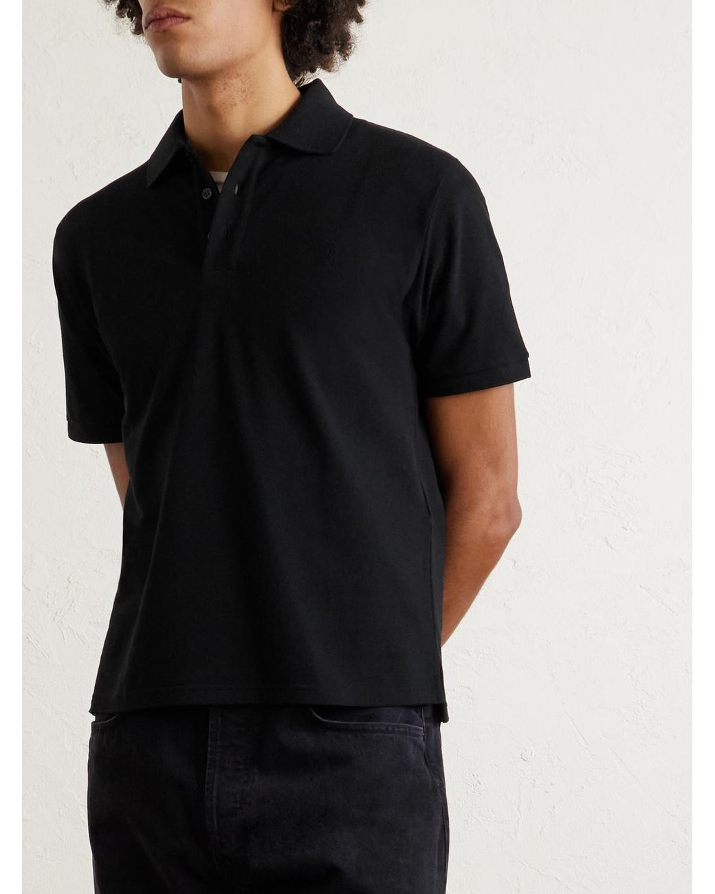 Saint Laurent Polohemd aus Piqué aus einer Baumwollmischung mit Logostickerei in Black für Herren