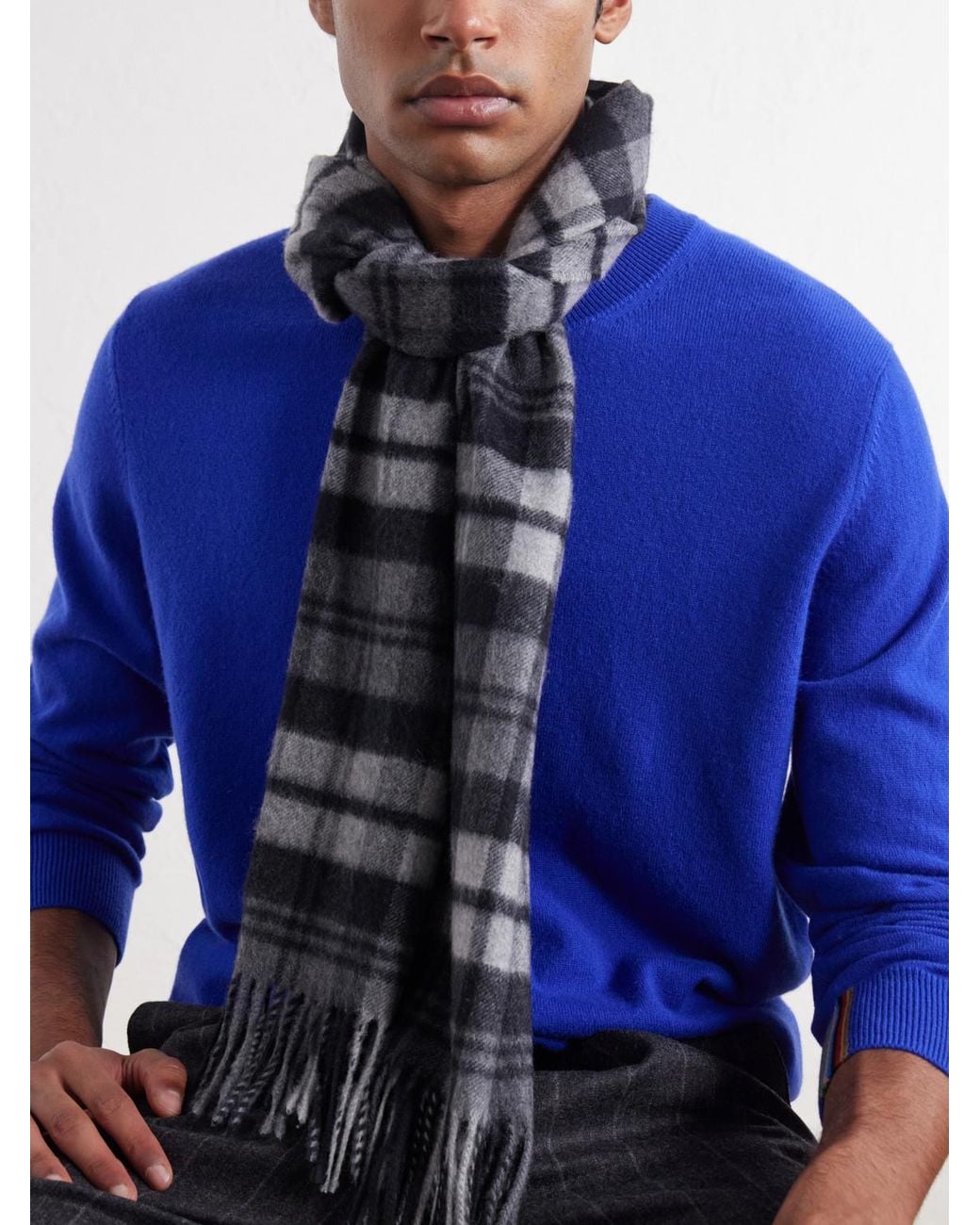 Johnstons Black Fringed Checked Cashmere Scarf for men