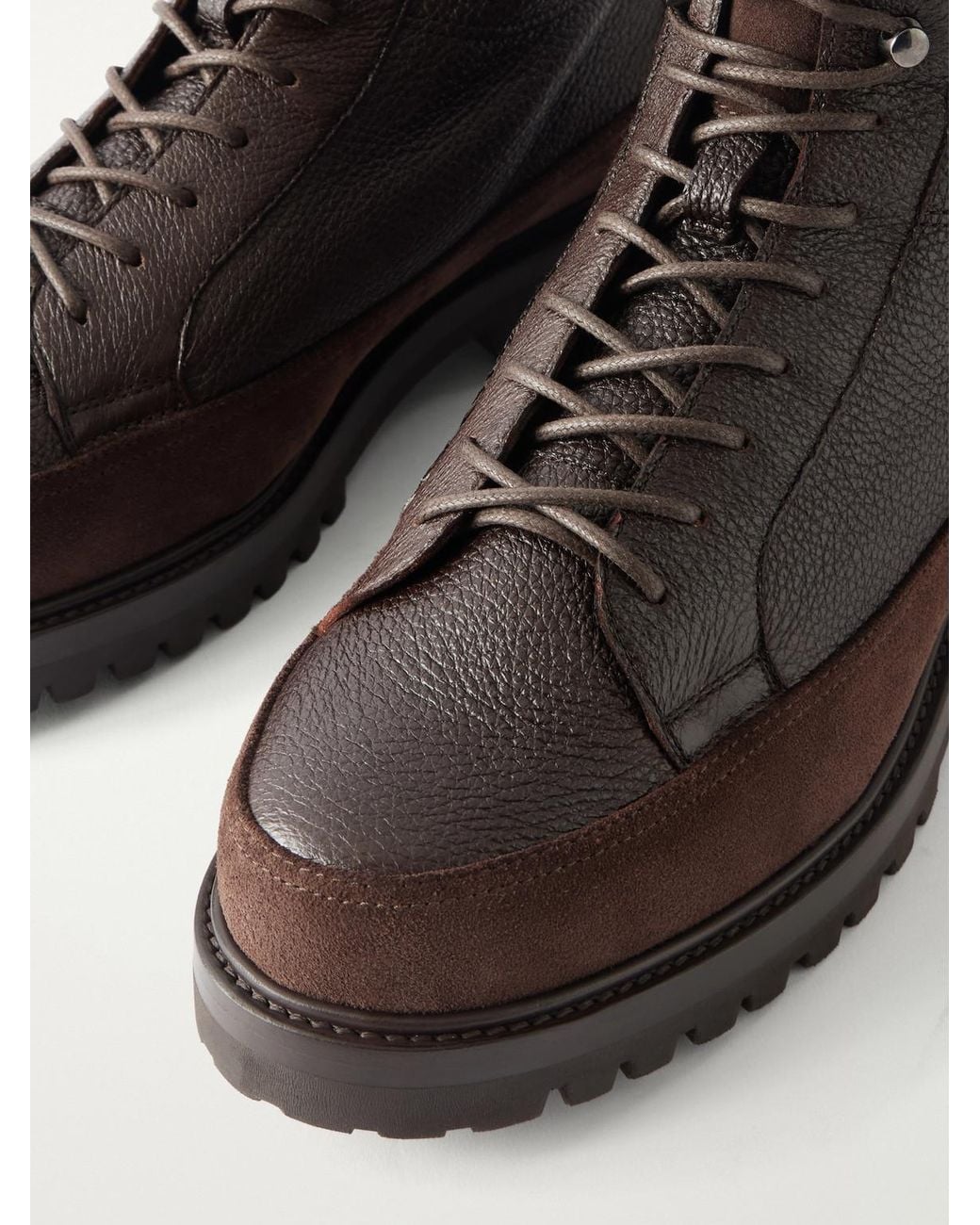 Brunello Cucinelli Brown Shearling-Lined Suede-Trimmed Textured-Leather Lace-Up Boots for men
