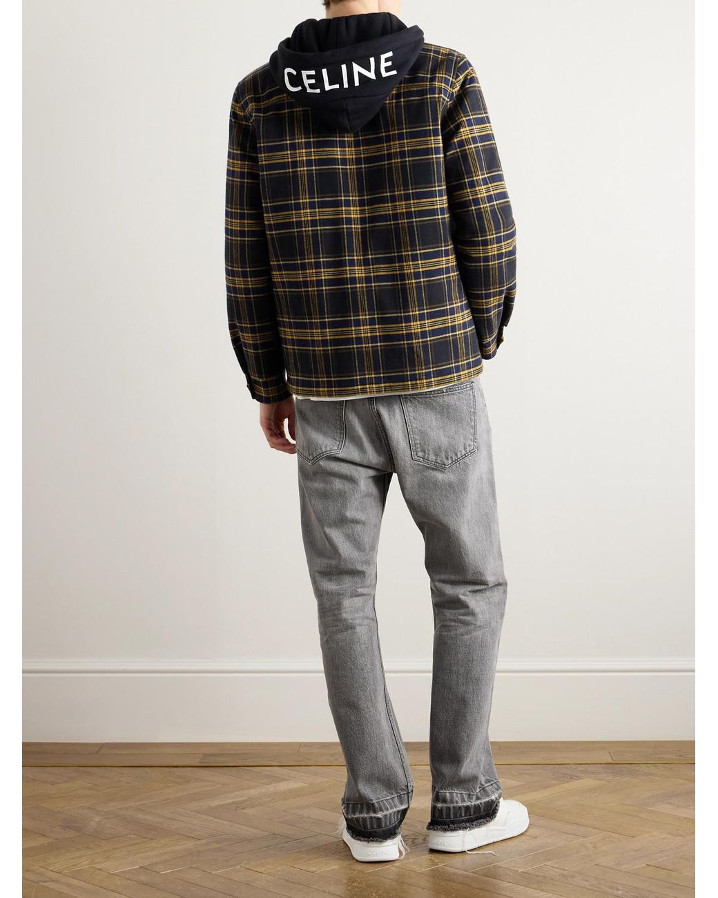 Celine Logo-Print Jersey And Checked Cotton-Flannel Hooded