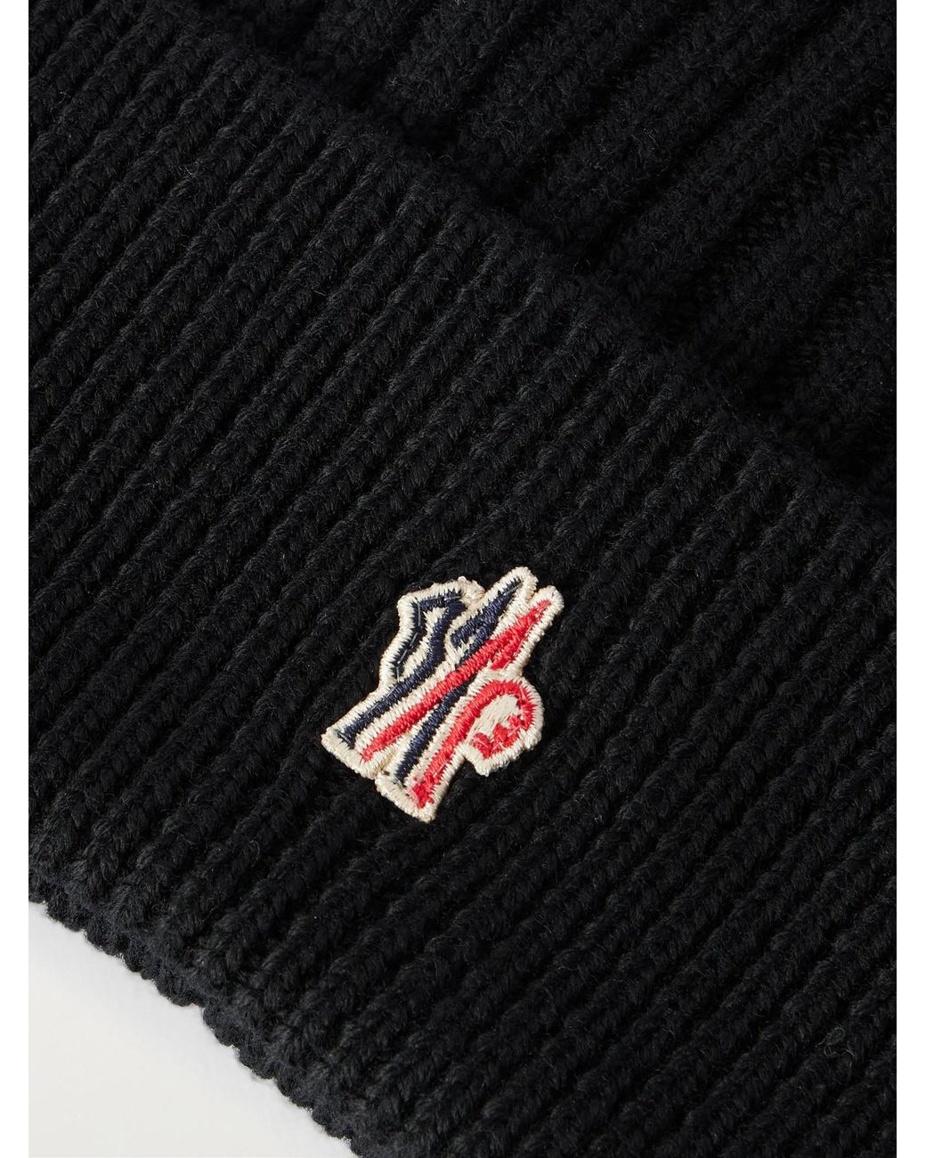 Moncler Black Logo-Appliquéd Ribbed Virgin Wool Beanie for men