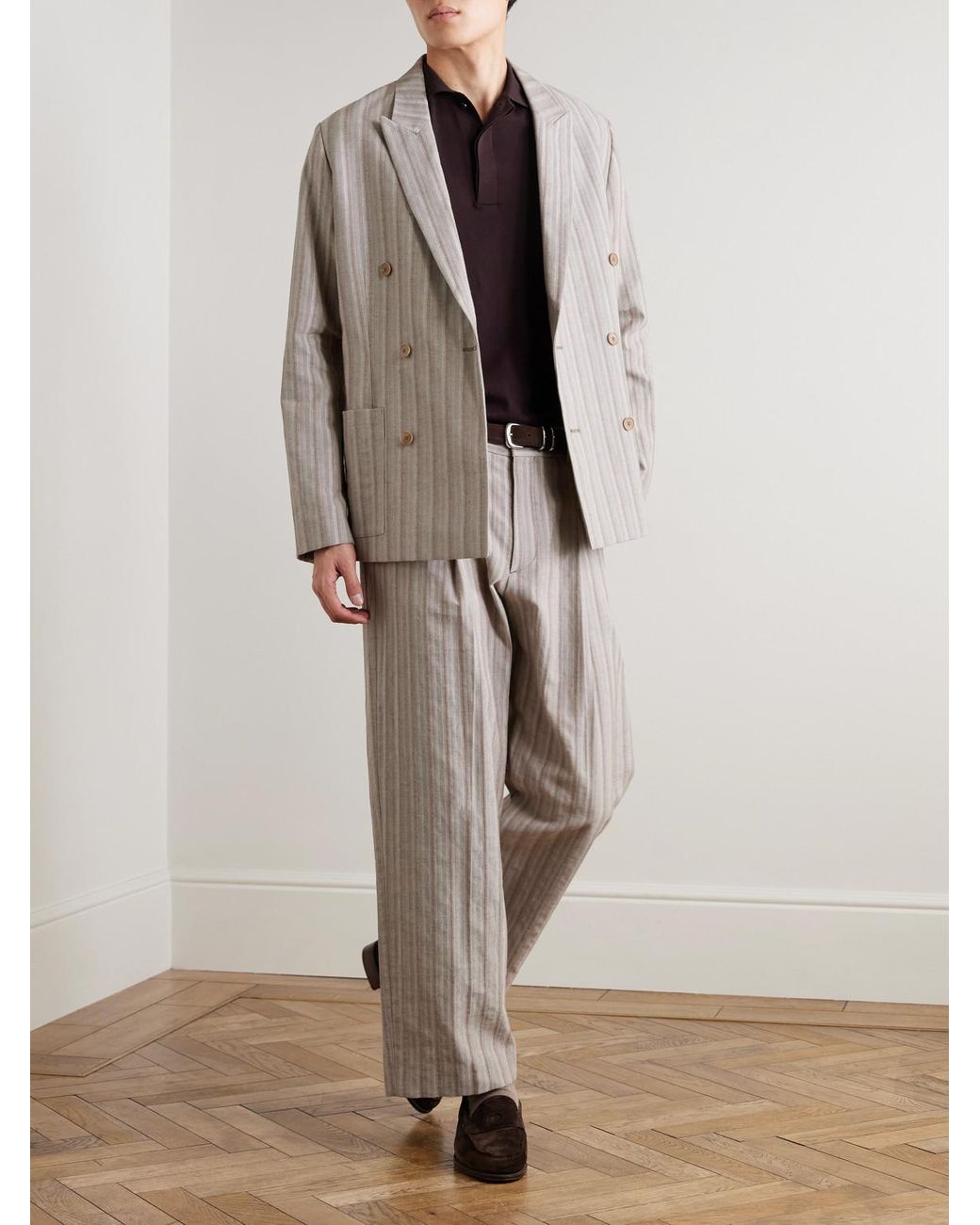 NN07 Natural Jordin 10058 Double-Breasted Striped Cotton-Blend Herringbone Suit Jacket for men