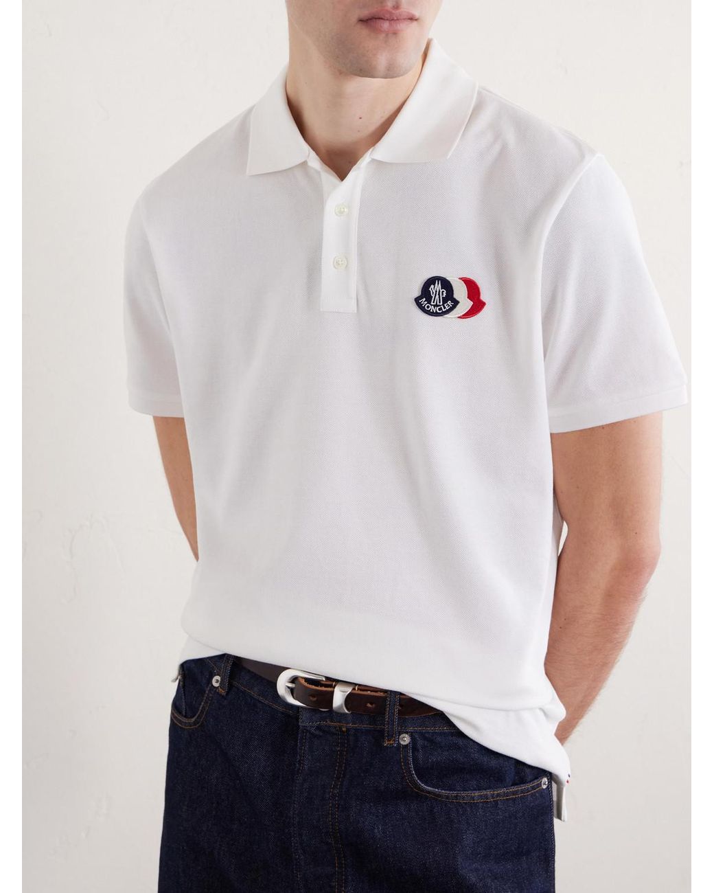 Moncler White Logo-Appliquéd Cotton-Piqué Polo Shirt for men
