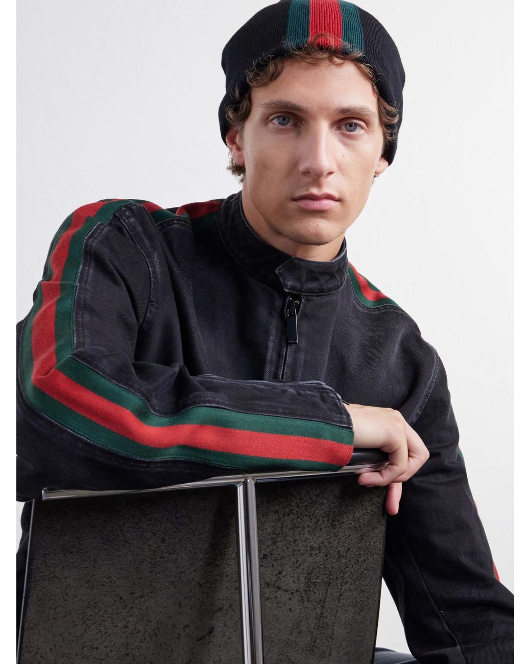 Gucci Blue Web Striped Wool Beanie for men