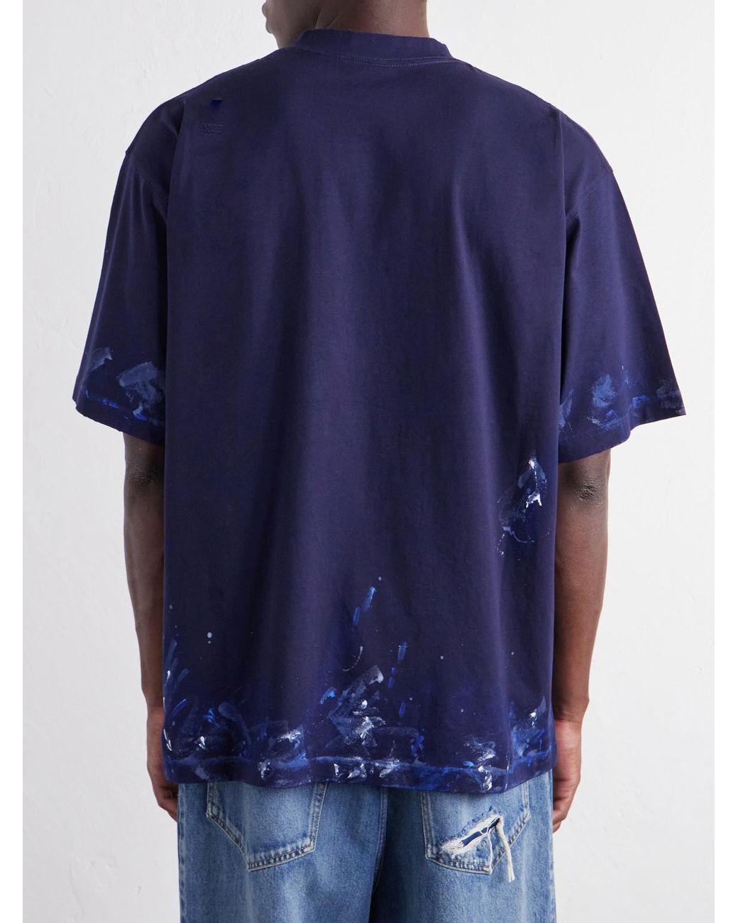Balenciaga Blue Logo-embroidered Paint-splattered Cotton-jersey T-shirt for men