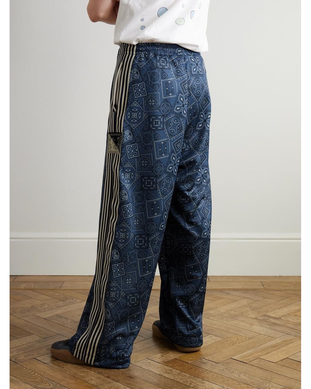 Kapital Blue Wide-Leg Striped Webbing-Trimmed Bandana-Print Tech-Jersey Track Pants for men