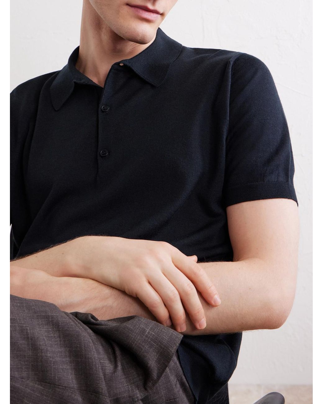 John Smedley Black Macloud Knitted Merino Wool Polo Shirt for men