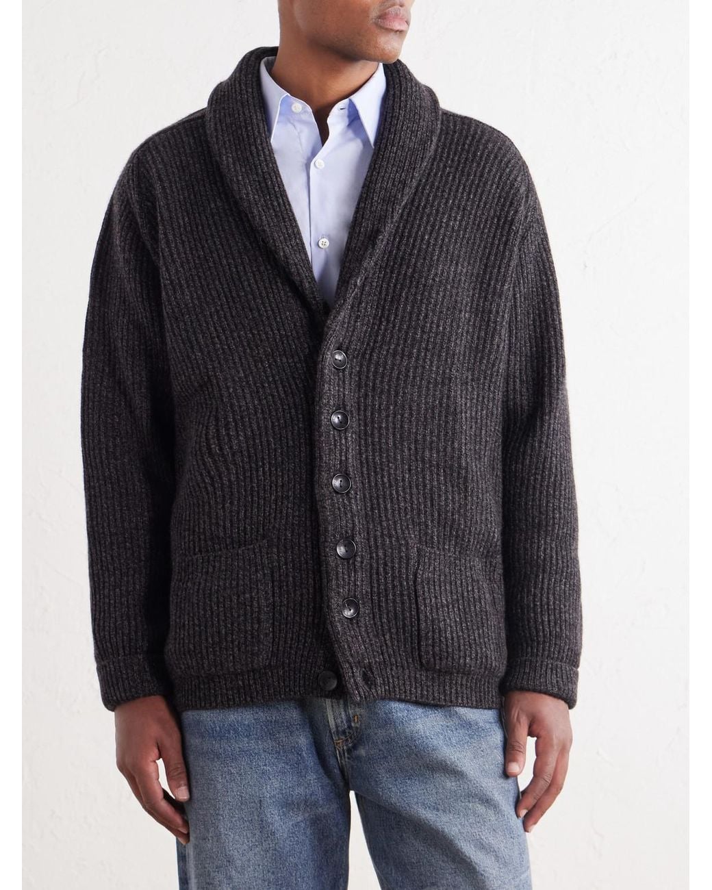 N.Peal Cashmere Black Kensington Shawl-Collar Ribbed Cashmere Cardigan for men