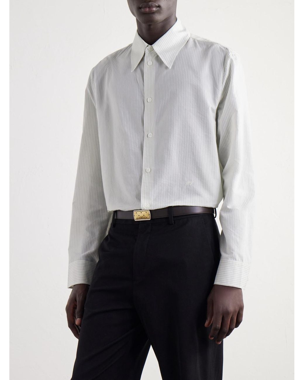 Bottega Veneta White Classic-collar Logo-embroidered Striped Cotton-poplin Shirt for men