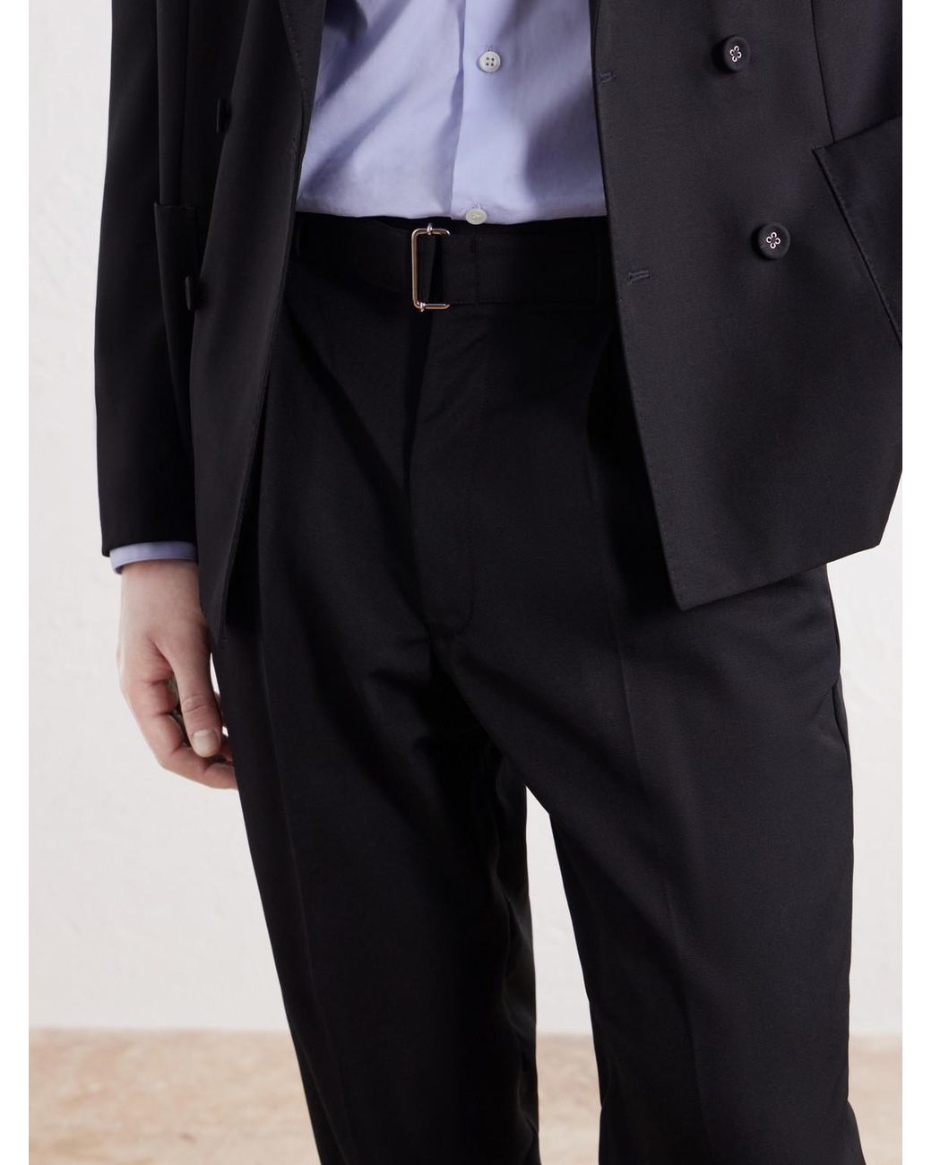 Officine Generale Blue Hugo Tapered Pleated Belted Virgin Wool-Hopsack Trousers for men