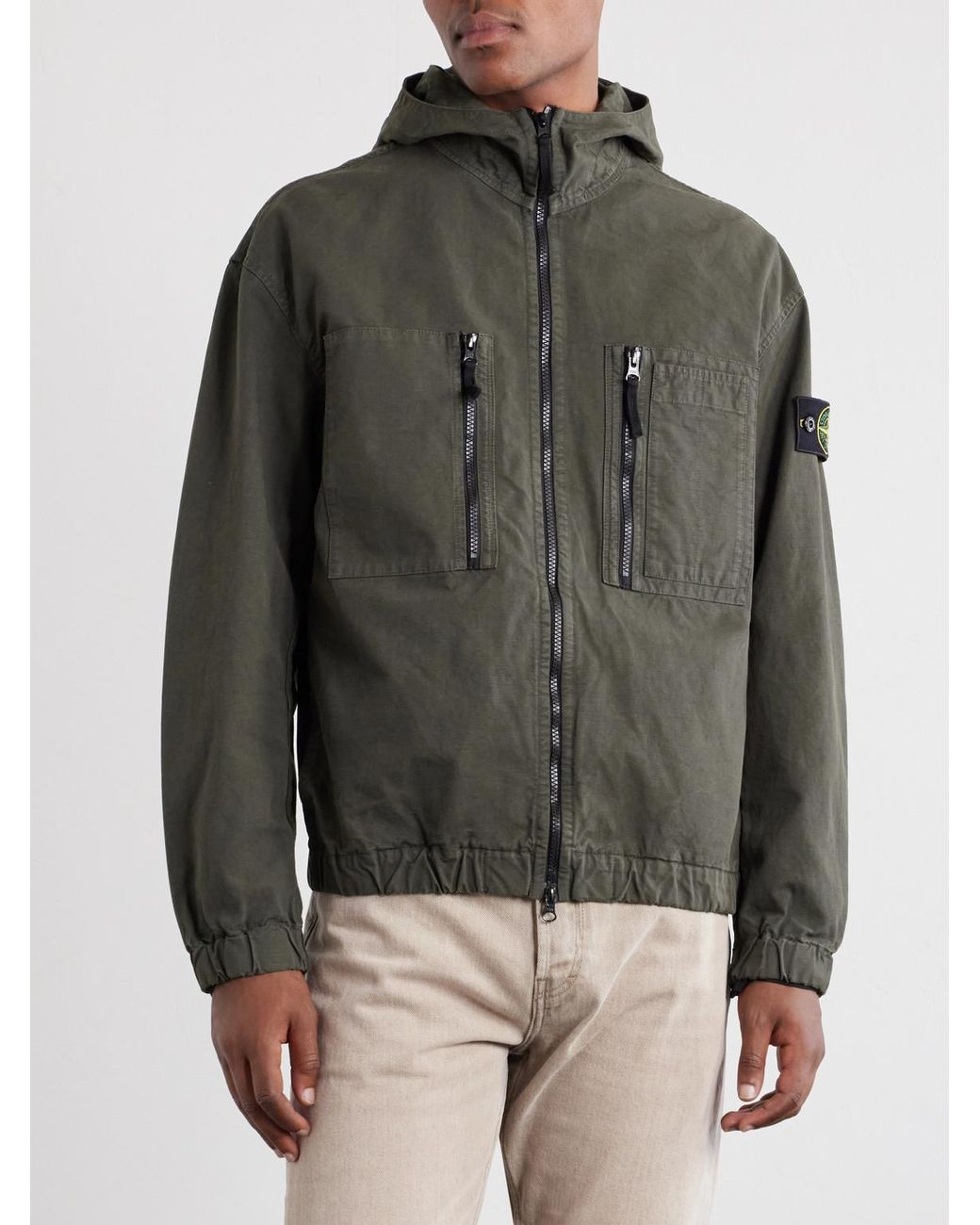 Stone Island Gray Logo-Appliquéd Garment-Dyed Organic Cotton Ripstop Hooded Jacket for men
