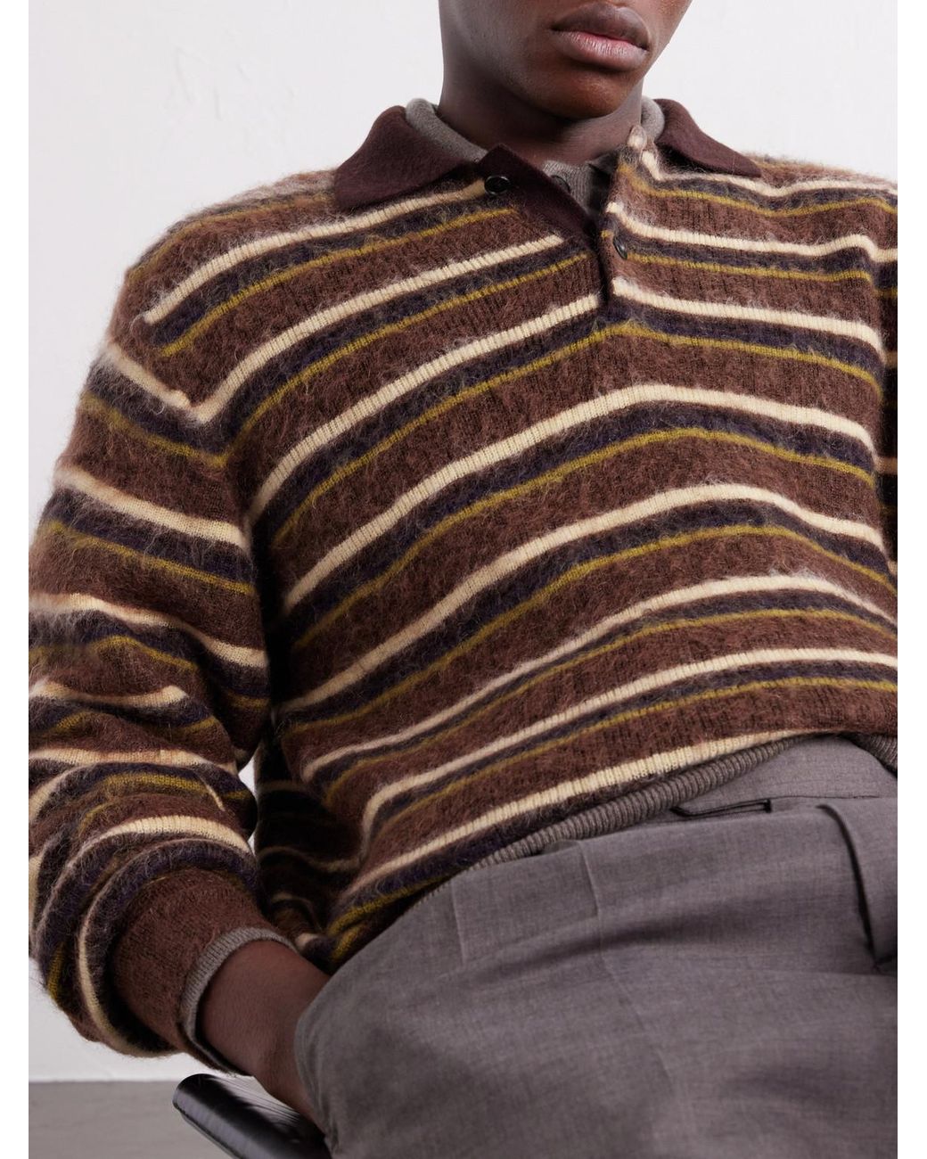 Ssstein Brown Striped Brushed-Knit Polo Shirt for men