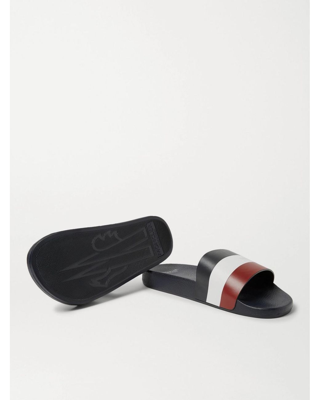 Moncler White Basile Logo-Print Striped Leather Slides for men
