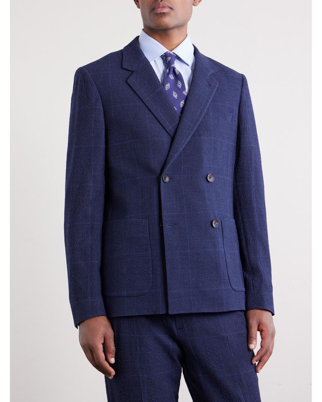 Mr P. Blue Double-Breasted Checked Wool-Blend Suit Jacket for men