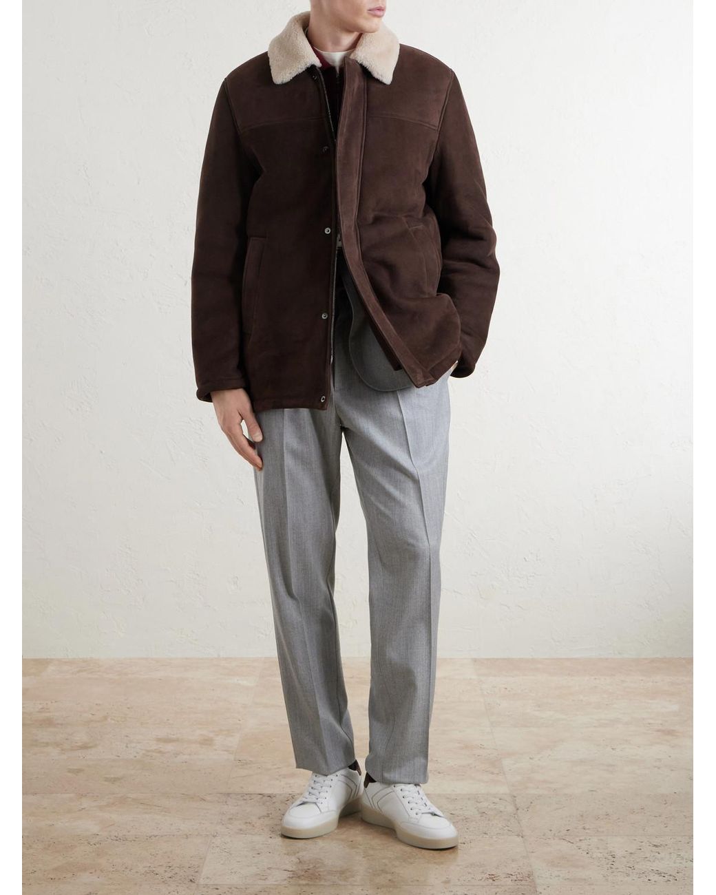 Canali Brown Shearling-Trimmed Suede Jacket for men