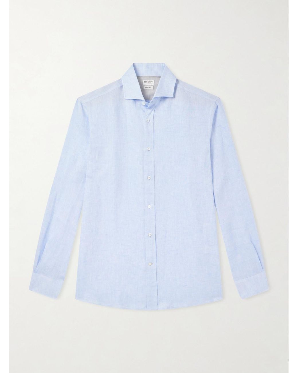 Brunello Cucinelli Blue Cutaway-collar Linen Shirt for men