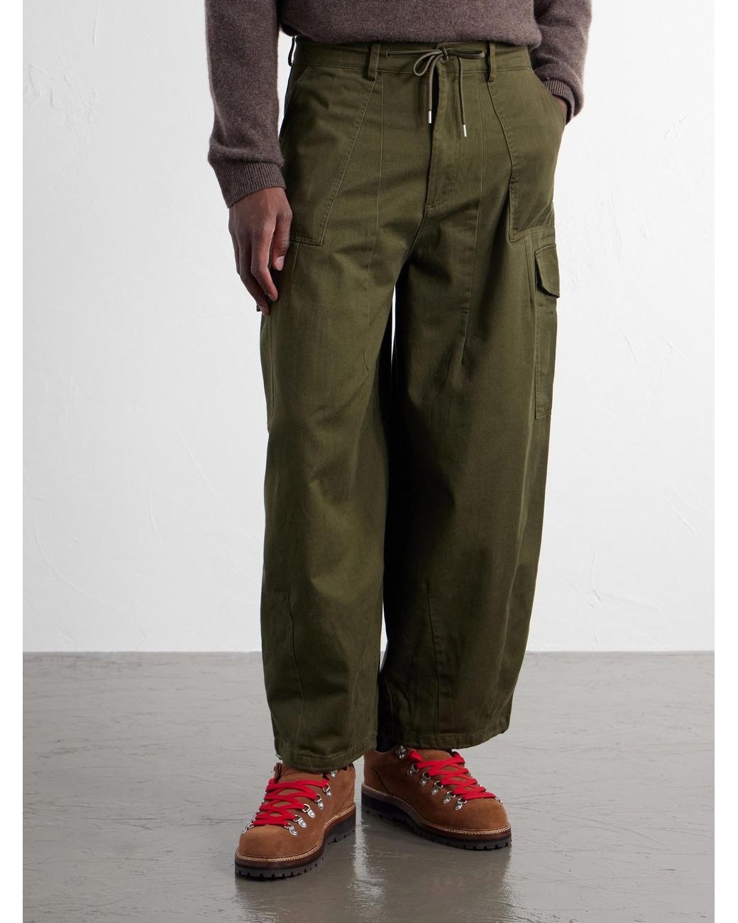 FRIZMWORKS Green Wide-Leg Cotton-Twill Drawstring Cargo Trousers for men