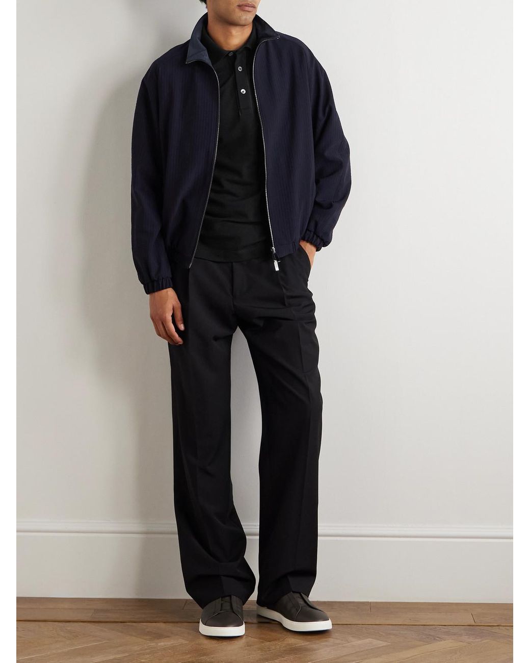 Zegna Black Leather-Trimmed Cotton-Piqué Polo Shirt for men