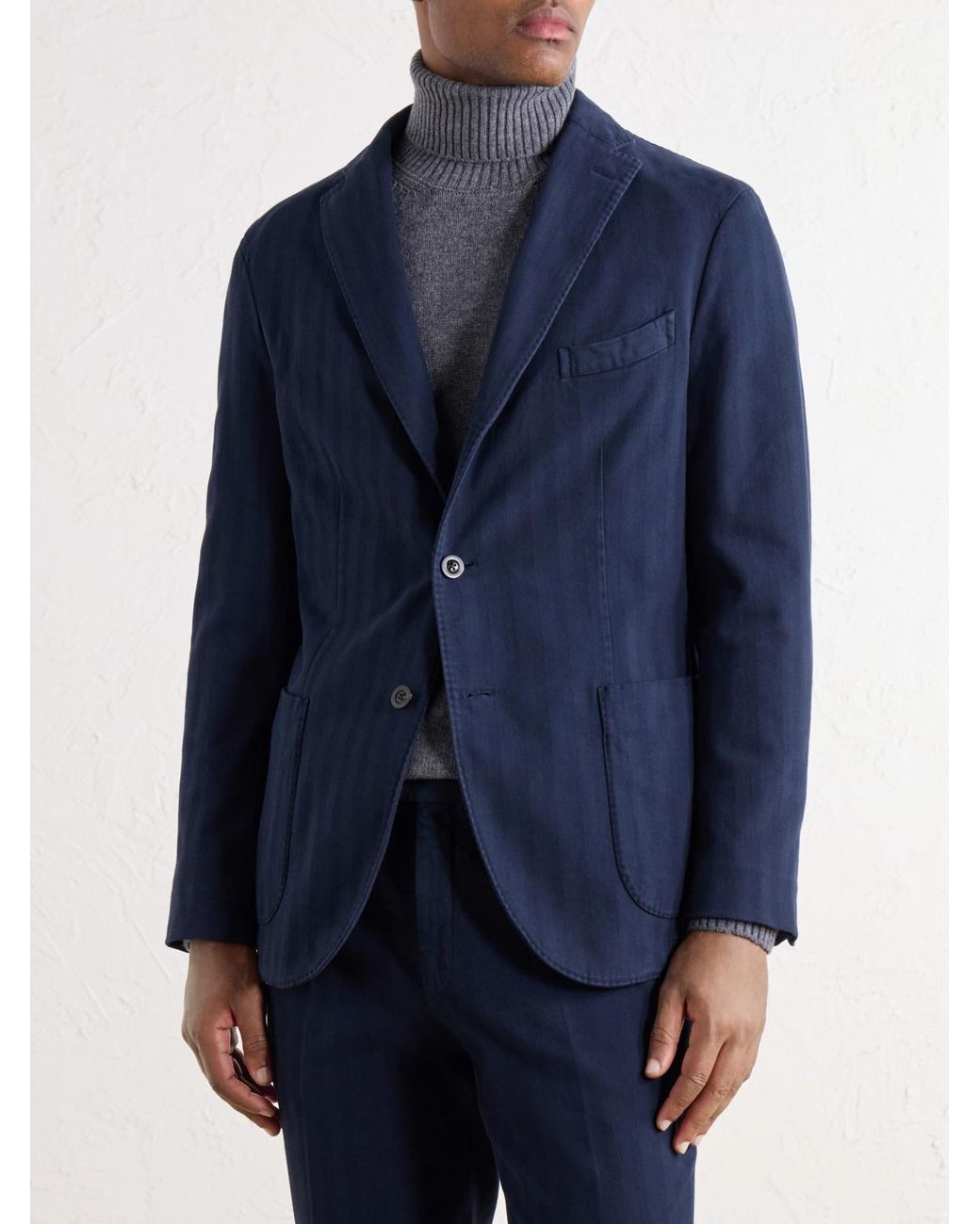 Boglioli Blue Herringbone Cotton And Cashmere-Blend Twill Suit Jacket for men