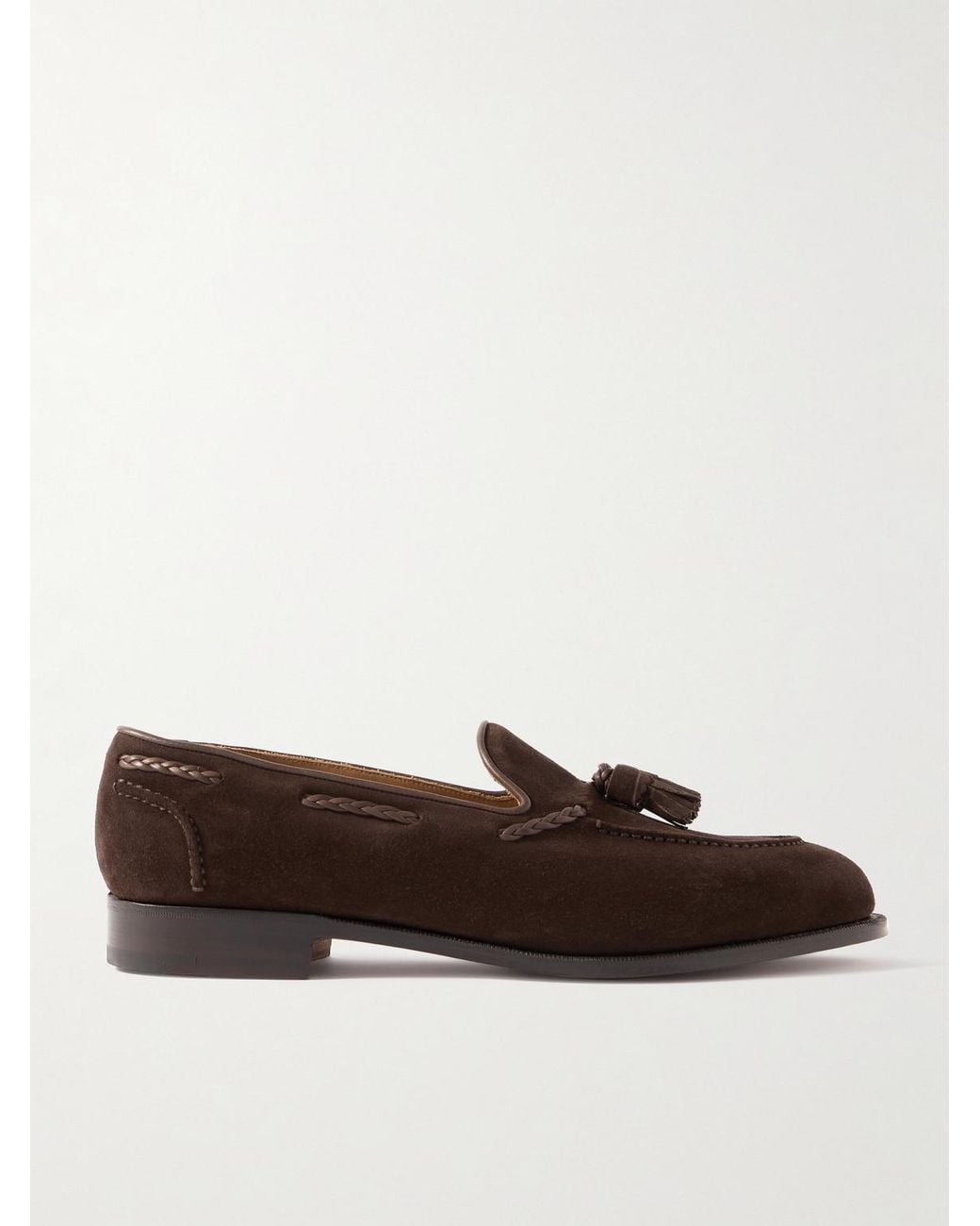 Edward Green Brown Belgravia Tasseled Leather-Trimmed Suede Loafers for men