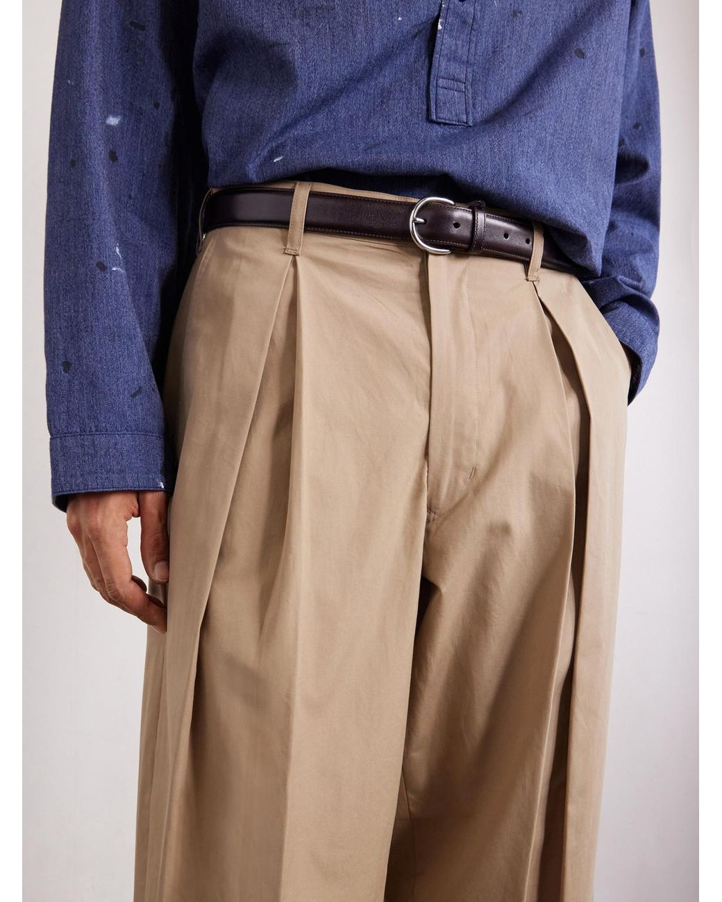 Monitaly Natural Ekusy Wide-Leg Cropped Pleated Cotton Trousers for men