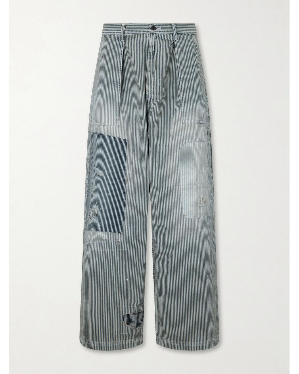 Kapital Blue Liberty Hicoree Fatigue Wide-Leg Striped Distressed Patchwork Cotton-Twill Trousers for men