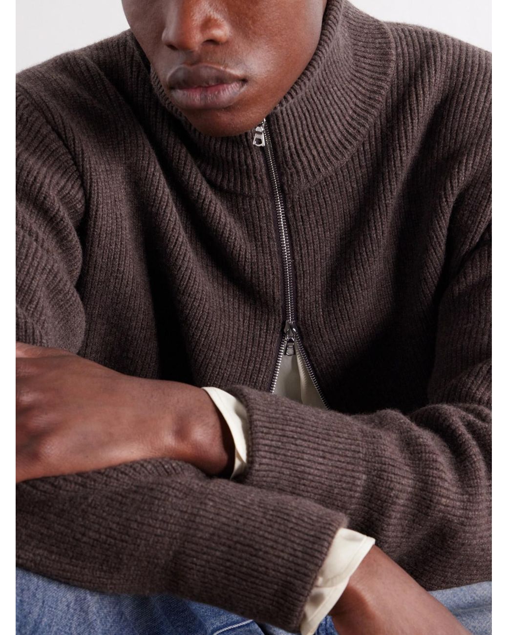 Ssstein Brown Ribbed Wool Zip-Up Cardigan for men