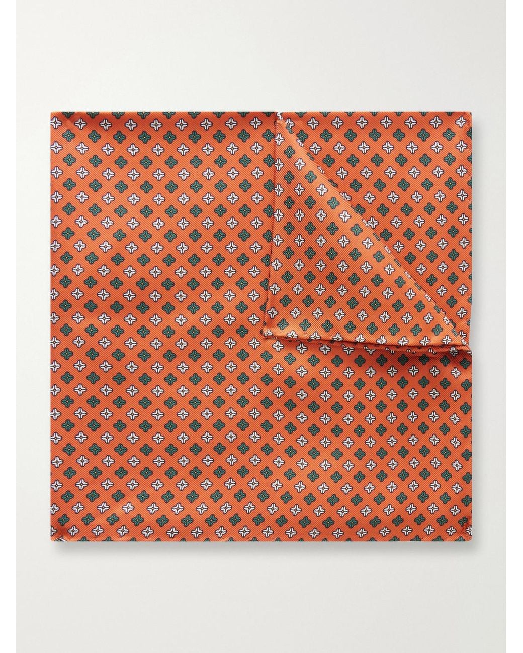 De Petrillo Orange Printed Silk-Twill Pocket Square for men