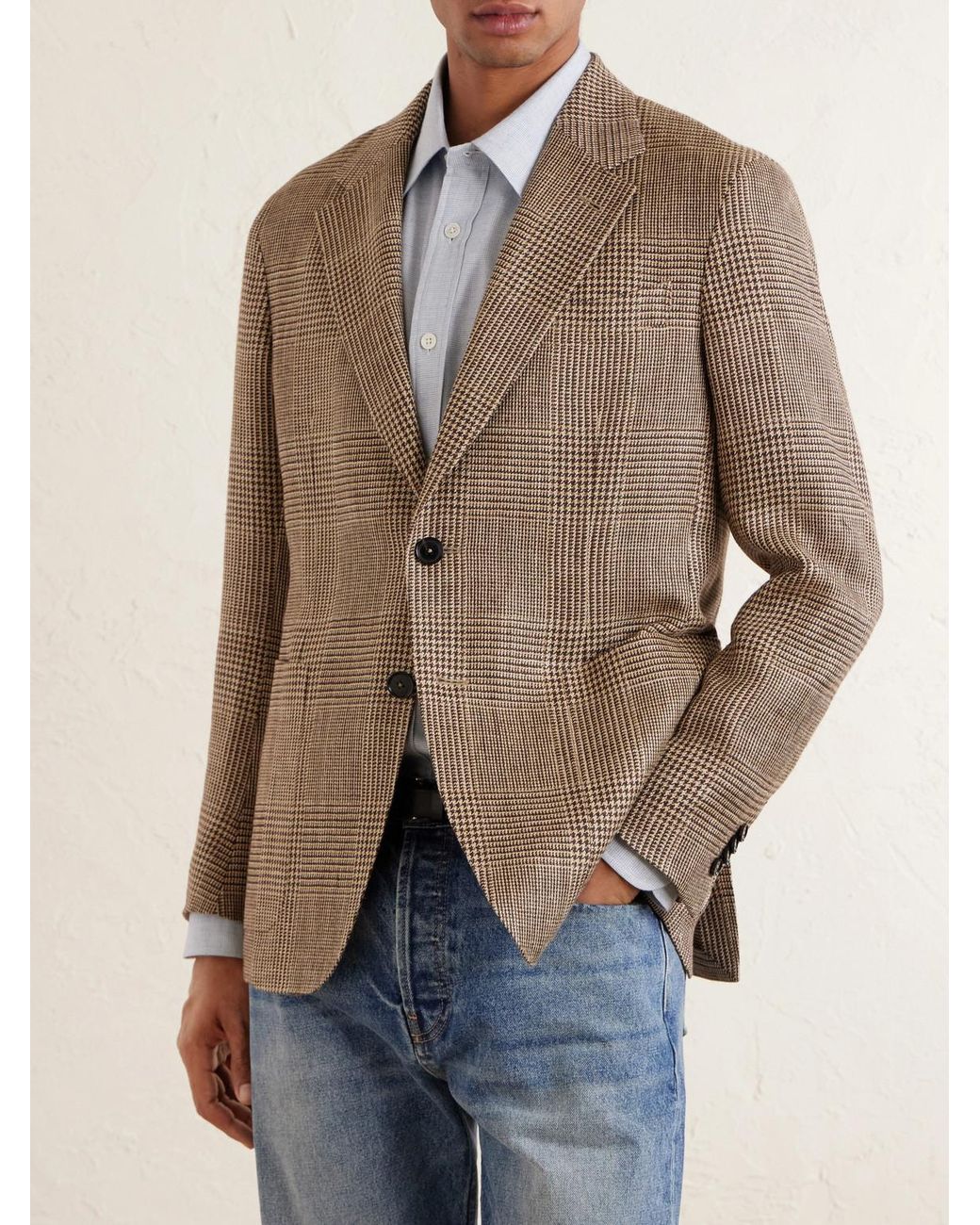 Zegna Brown Houndstooth Linen, Silk And Wool-Blend Blazer for men