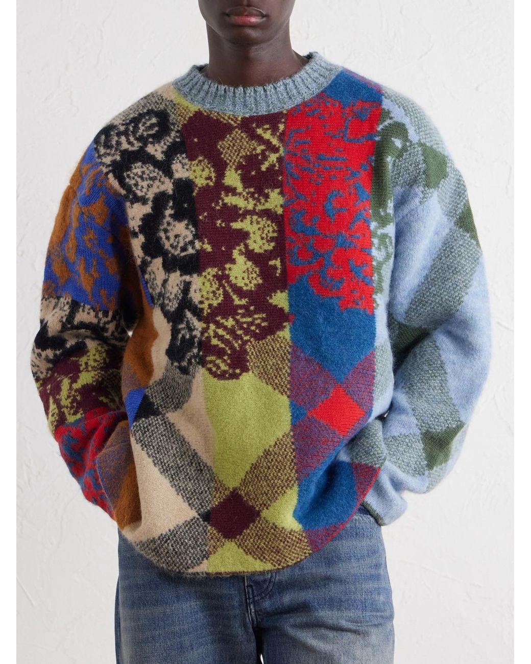 Dries Van Noten Blue Patchwork Wool-Blend Sweater for men