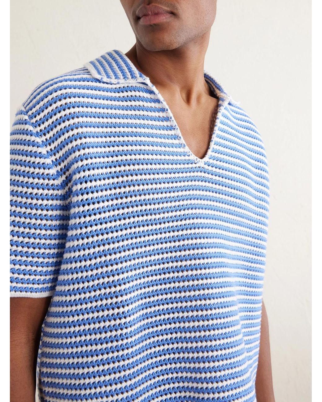 Orlebar Brown Blue Batten Striped Open-Knit Cotton Polo Shirt for men