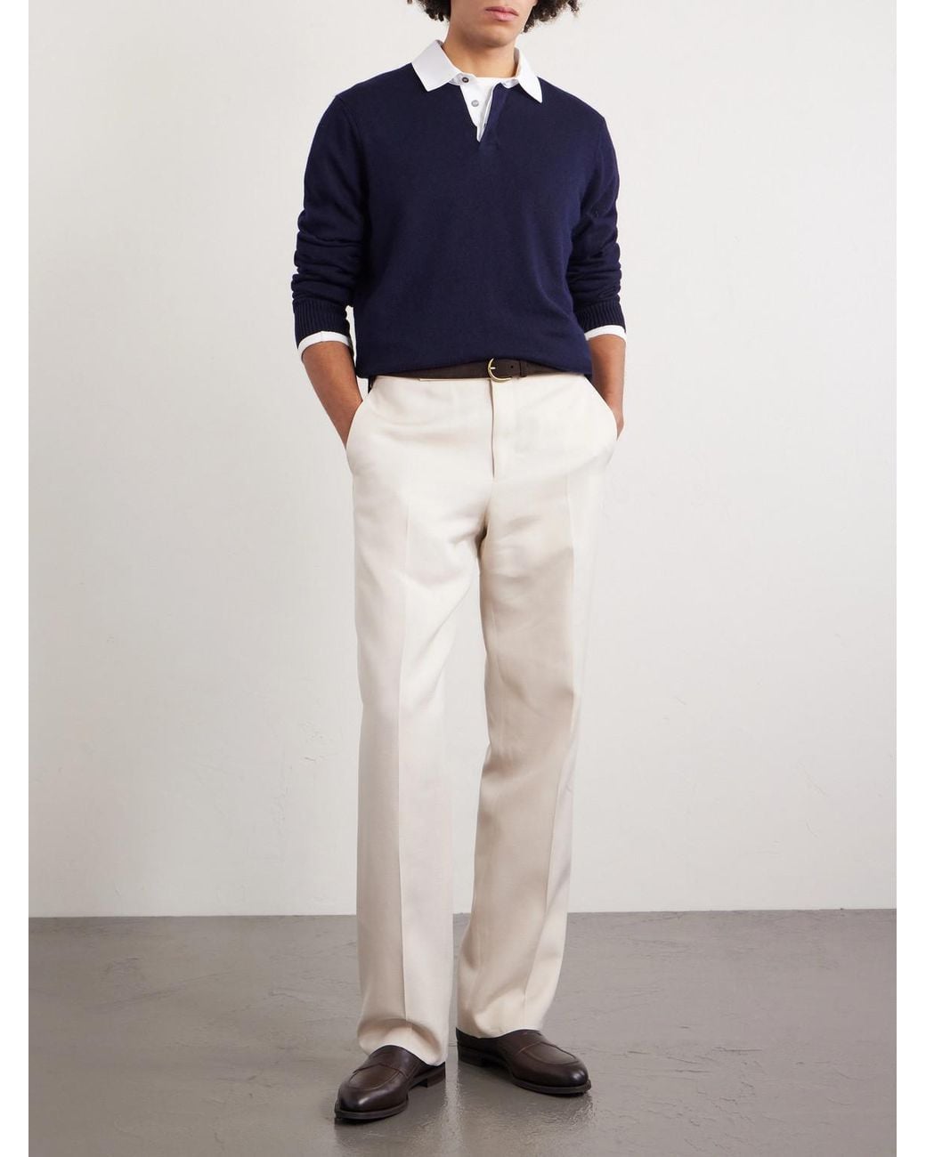 Dunhill Blue Cotton-trimmed Cashmere And Linen-blend Polo Shirt for men