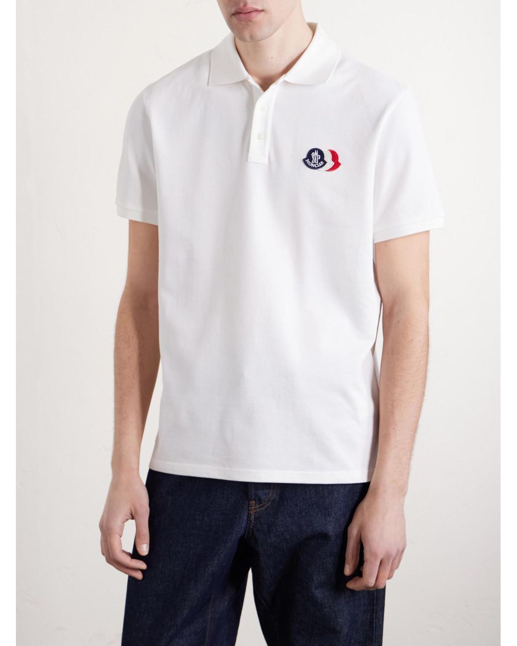 Moncler White Logo-Appliquéd Cotton-Piqué Polo Shirt for men