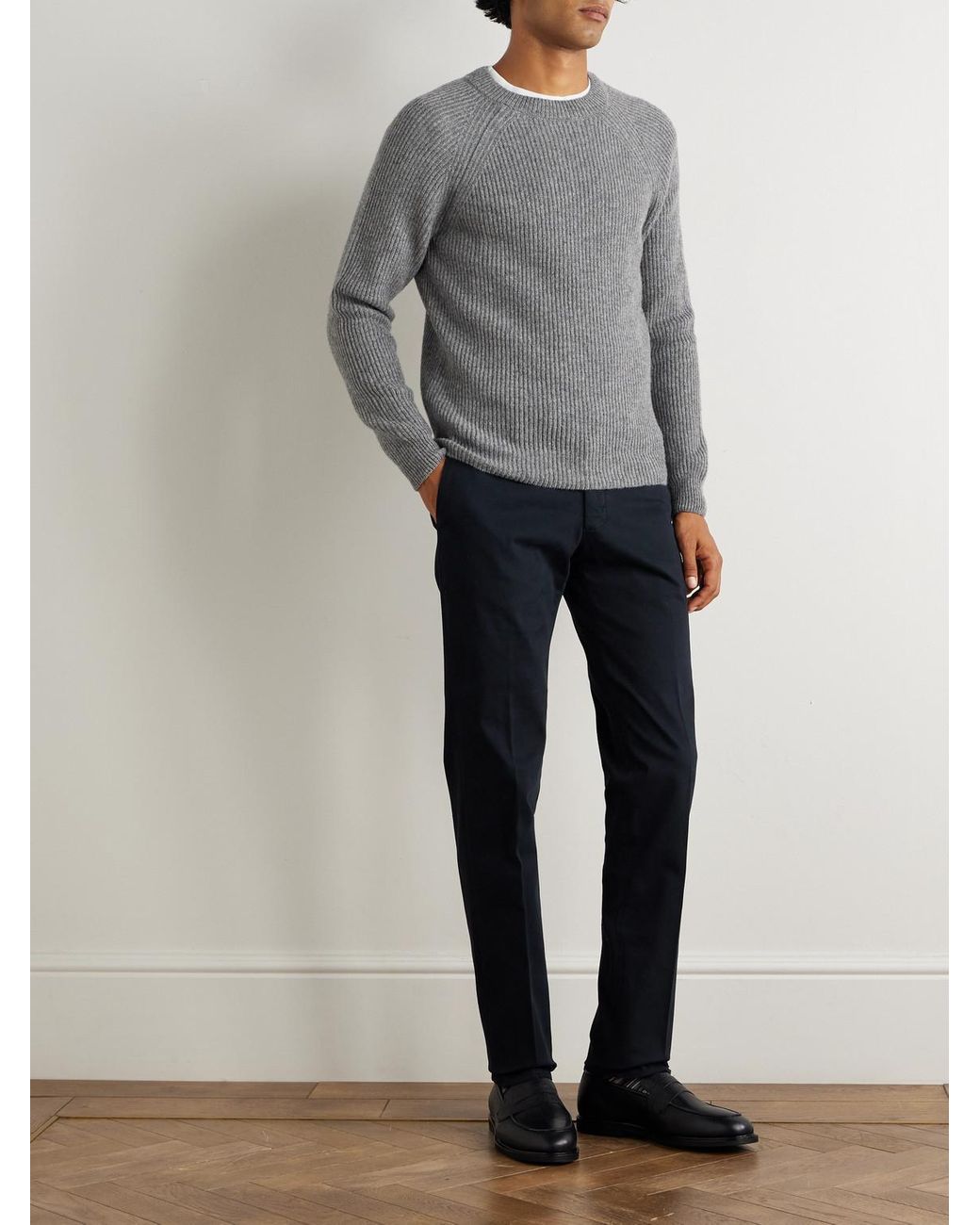 Slowear Gray Incotex Zanone Ribbed Virgin Wool Sweater for men