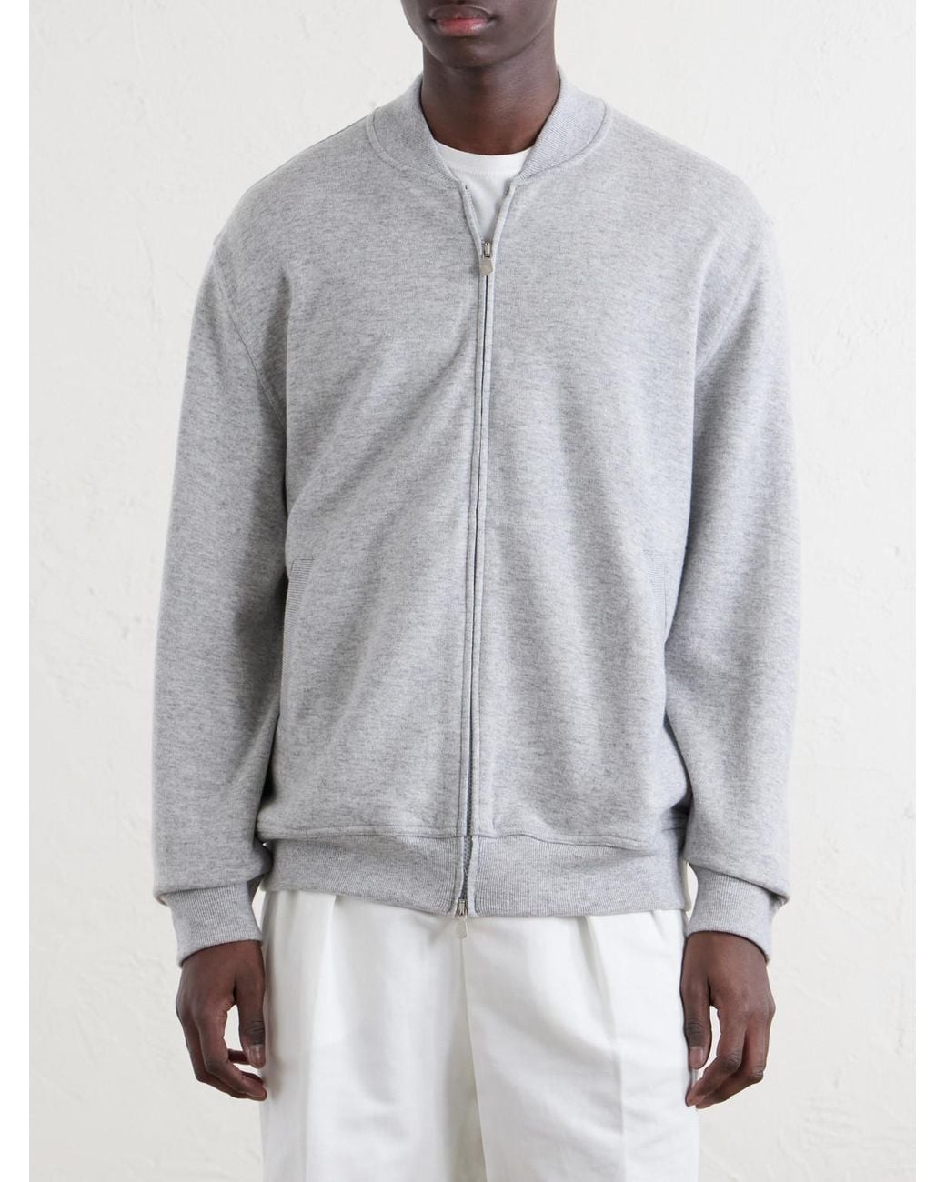 Brunello Cucinelli White Cashmere-Blend Zip-Up Sweater for men