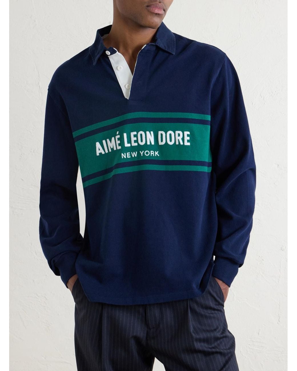 Aimé Leon Dore Blue Logo-Embroidered Cotton-Jersey Polo Sweater for men