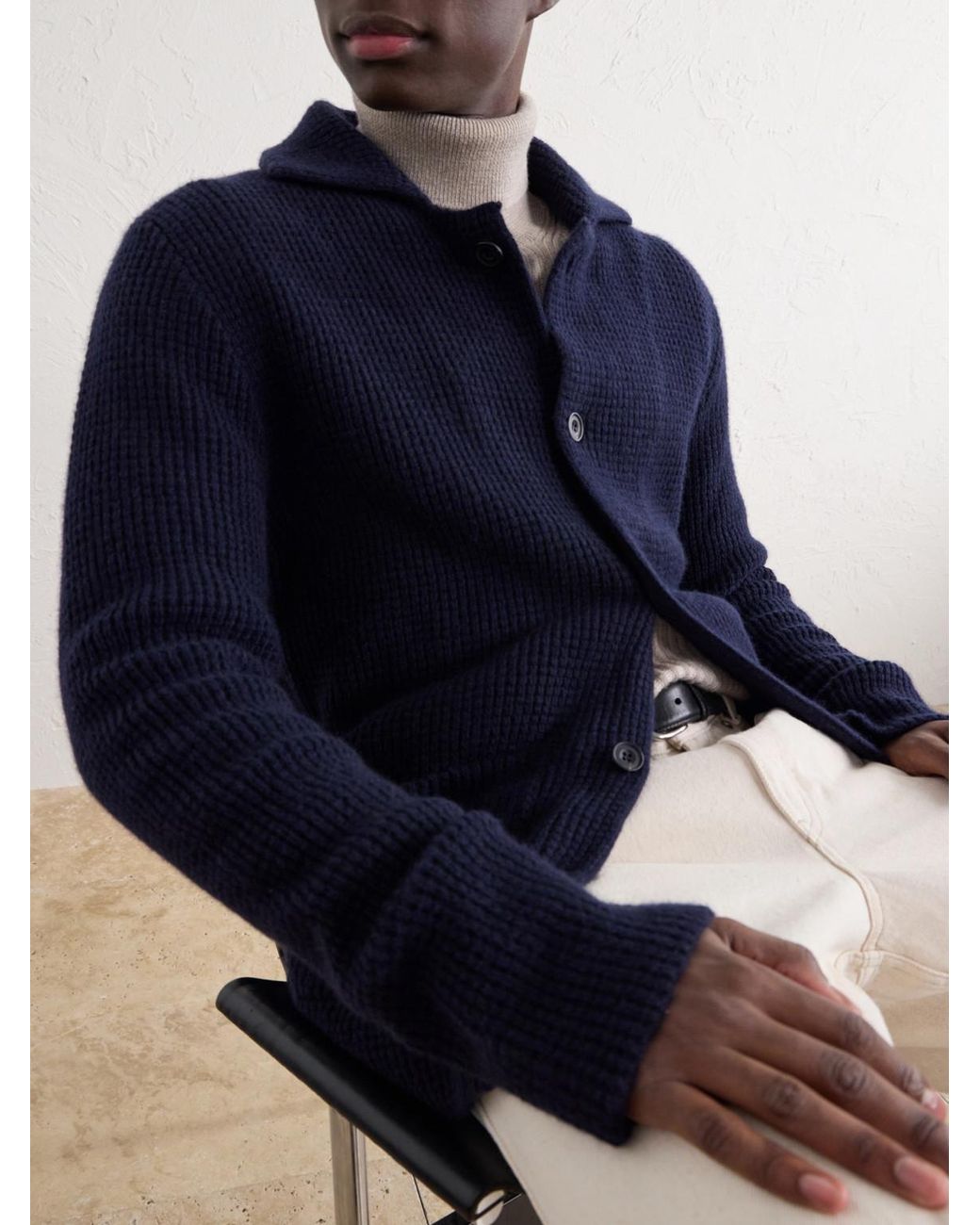 Rubinacci Blue Waffle-Knit Cashmere Cardigan for men