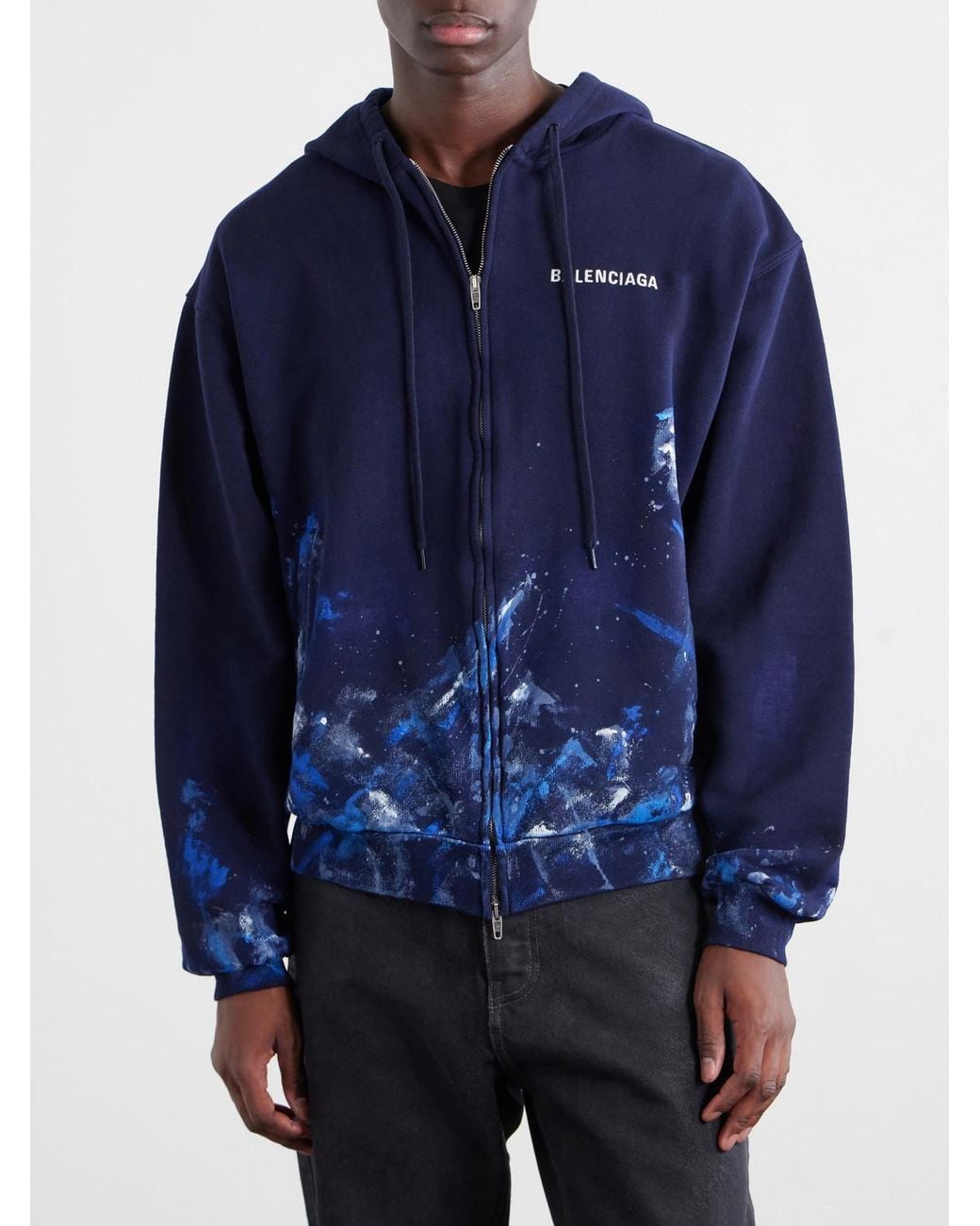 Balenciaga Blue Logo-embroidered Paint-splattered Cotton-jersey Zip-up Hoodie for men